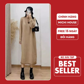 Đầm Len Thu Đông Dáng Suông Michi House Váy Len Xuông Dáng Dài Qua Gối Cổ Cao Freesize Co Dãn Tốt Bầu Mặc Cũng Xinh V564