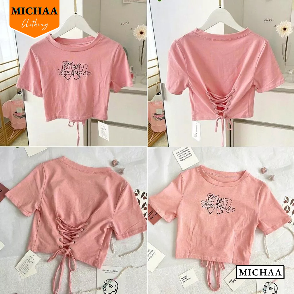 Áo Croptop Ôm Body IN CHỮ ĐAN DÂY SAU Cổ Tròn Tay Ngắn, Áo Thun Croptop Kiểu Đẹp - MICHAA CR110