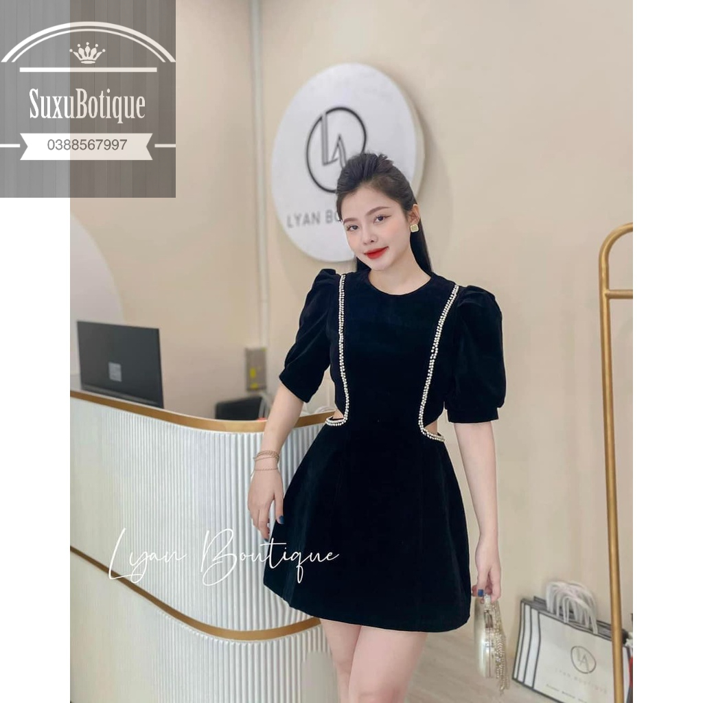 Váy nhung khoét eo viền ngọc(kèm ảnh thật và video)
