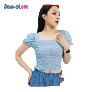 Áo Sơ Mi GENVIET  Jeans Cổ Vuông Vai Bồng Nhún Tay Bèo Croptop Lửng Chất Mềm Mịn Cao Cấp TA329J1732
