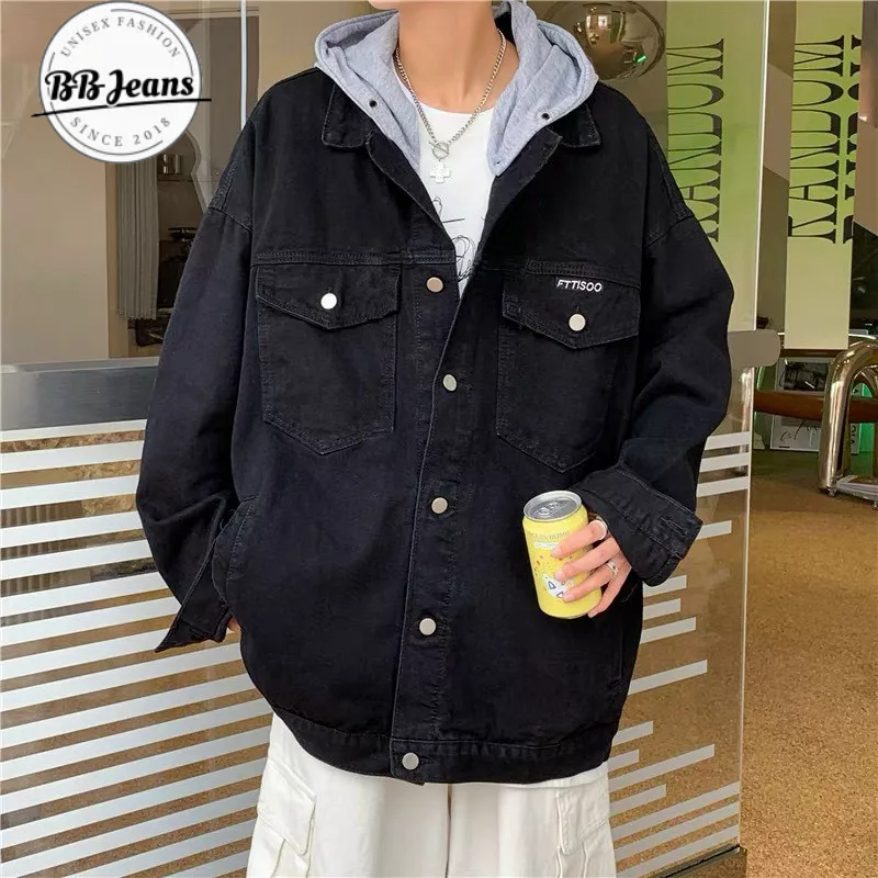 Áo khoác jean phối nón nỉ sơ mi đỏ - áo jean đen túi hộp nón nỉ xám FORM RỘNG size 40-75kg BB Jeans