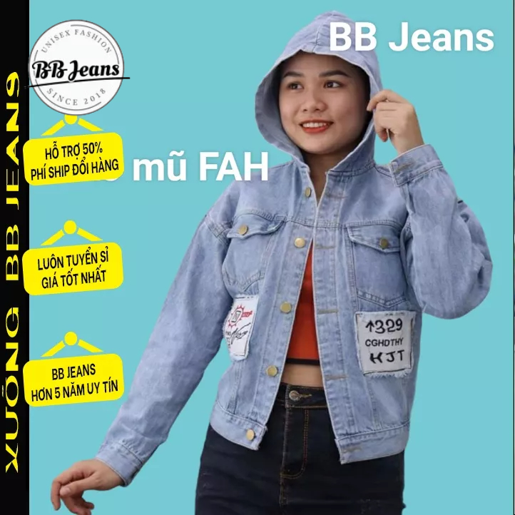 Áo khoác jean nữ có mũ jean form vừa Daniel - mũ FAH form vừa size 39-60kg cao dưới 1.60m BB Jeans