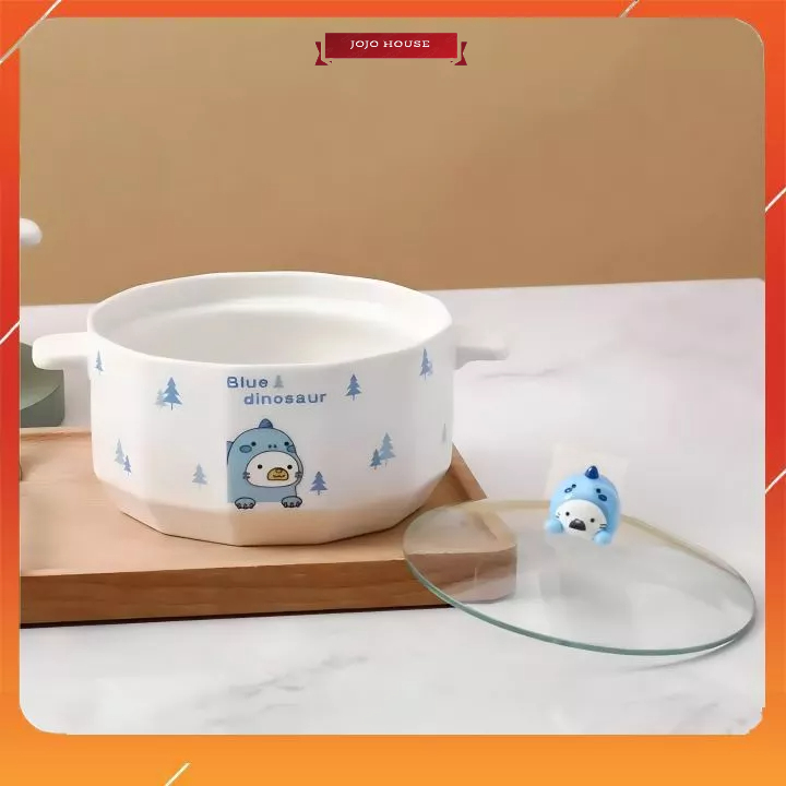 Nồi nấu mì, bát ăn mì hình khủng long dễ thương kèm nắp đậy tiện lợi.