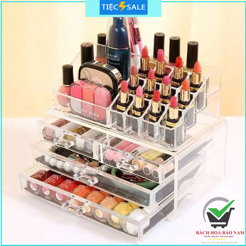 Kệ đựng mỹ phẩm mica 4 tầng trong suốt / 4 ngăn kéo để bàn có khay để son đẹp sang trọng / hộp để trang sức