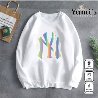 Áo sweater nỉ trơn dài tay in chữ ny phản quang 7 màu mã ym20