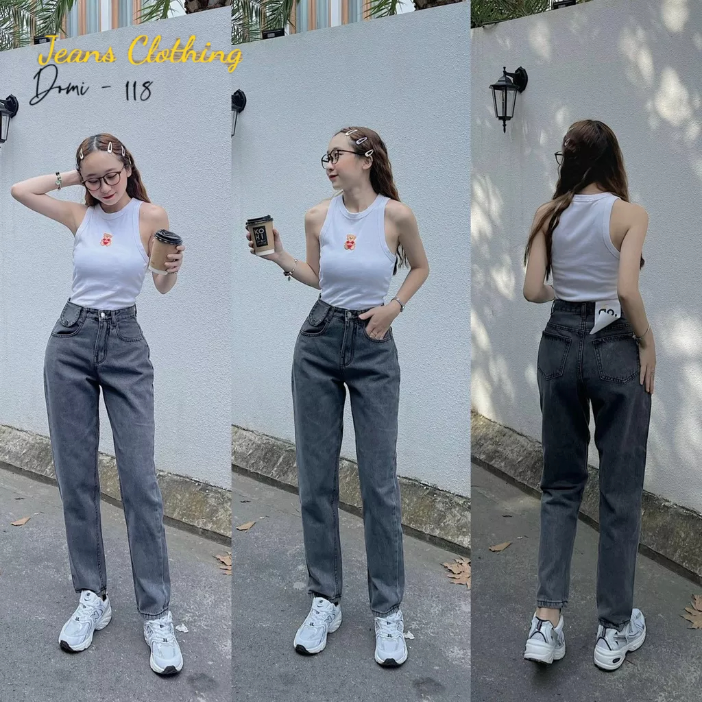 Quần baggy jean nữ lưng cao rách kiểu nhẹ, chất bò mềm không xù chuẩn fom
