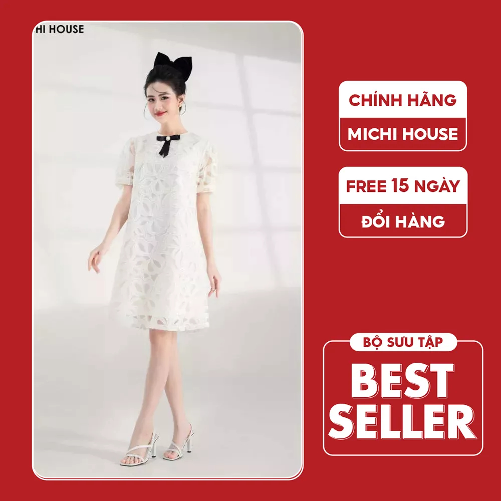 Đầm Suông A Phối Ren Hoa Michi House Váy Xuông Dáng Dài Đến Gối Tay Nhún Bồng Có Bigsize Đến 75kg Bầu Mặc Xinh V498