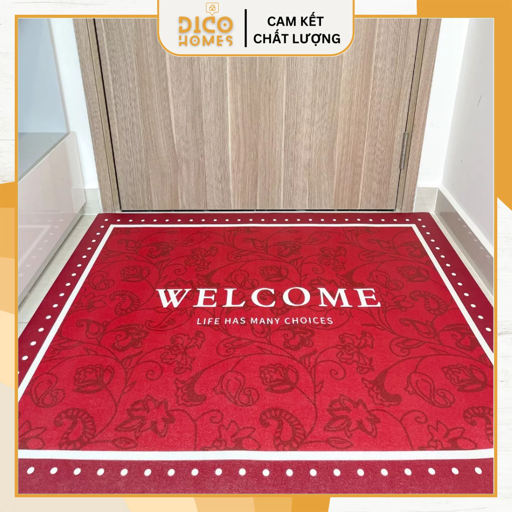 Thảm Chùi Chân Cửa Ra Vào Da Cao Cấp Welcome Màu Đỏ Sang Trọng Dico Homes - Thảm Cửa Thảm Lót Sàn Chống Trượt 120x100