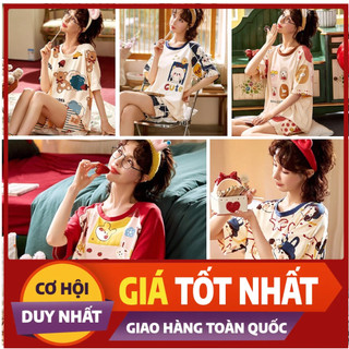 Bộ đồ ngủ mặc nhà, set đồ nữ dễ thương pijama họa tiết cute cổ tròn basic dễ măc thoải mái chất cotton mát mẻ mềm mịn