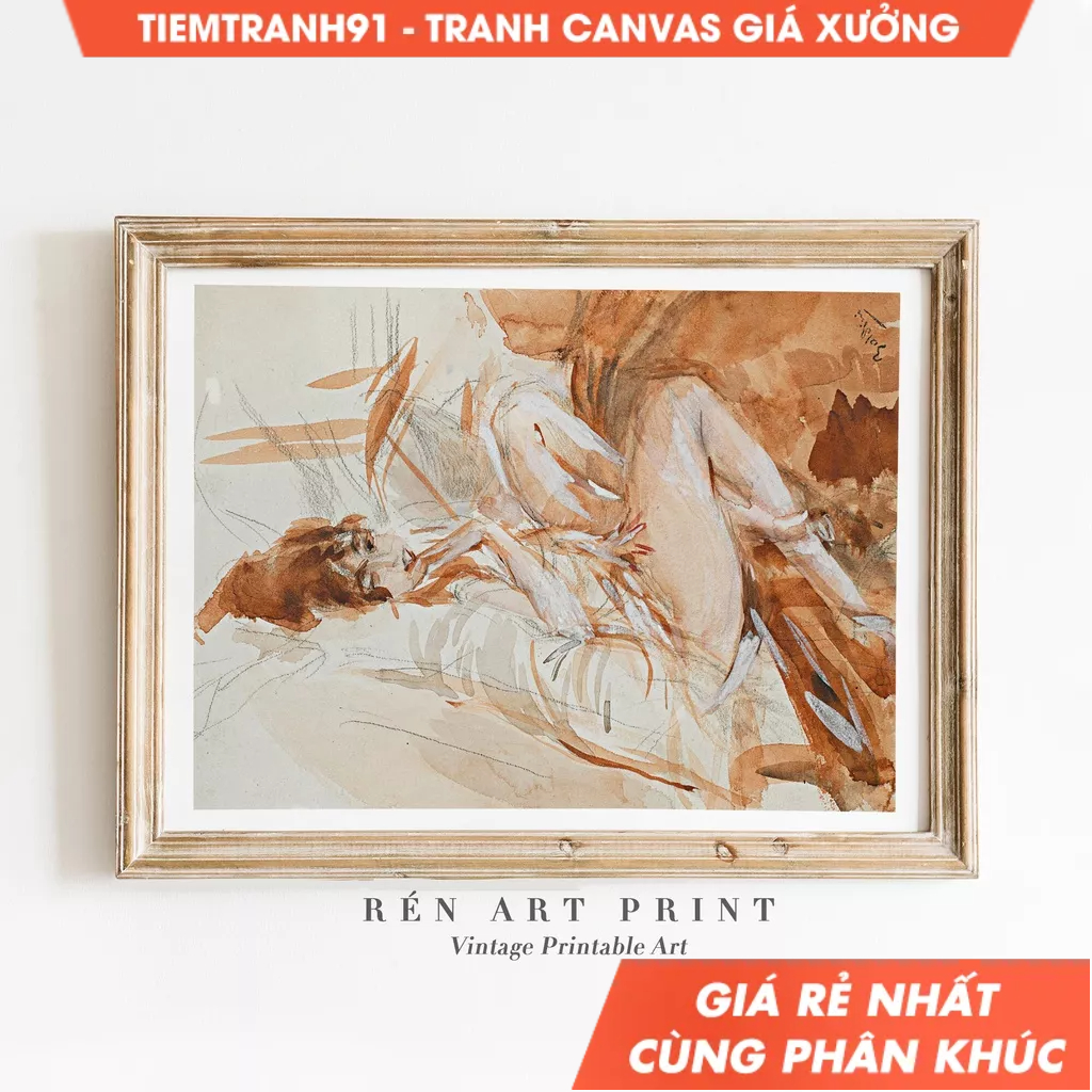 Tranh treo tường, Vintage Woman Painting Wall Art Reclining Lady Art Female Watercolor Art, tặng kèm đinh treo.
