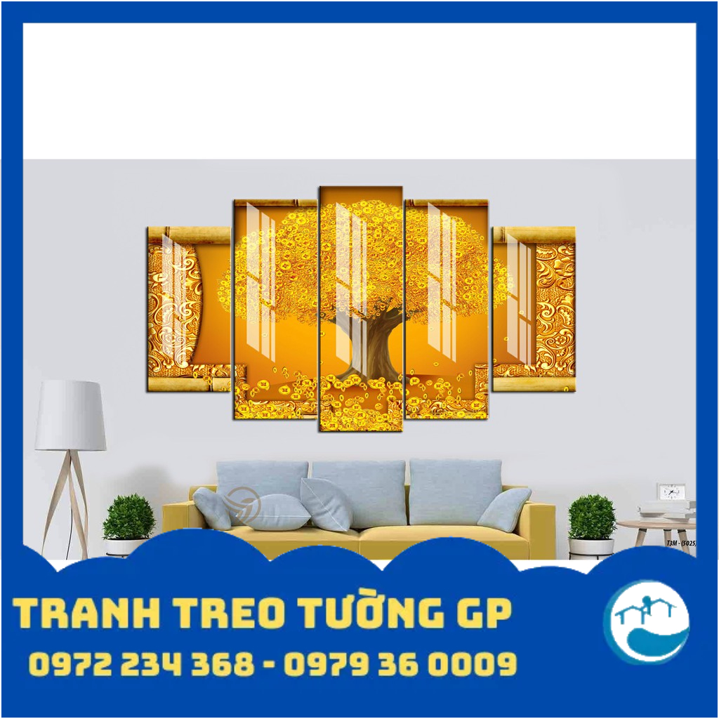 Tranh treo tường 5 tấm kim tiền - thần tài - 3D gỗ Hàn Quốc sang trọng, hiện đại KT01