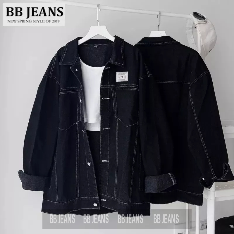 Áo Khoác jeans trơn v3 có 2 túi hộp form rộng nam nữ màu Xanh/ Đen unisex BB JEANS