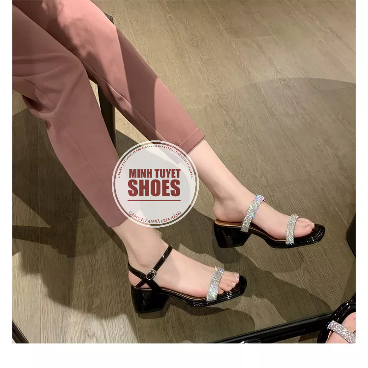 giày sandal cao gót minhtuyetshoes đế vuông 5cm quai ngang đính đá xoàn mẫu mới phong cách tiểu thư sang chảnh