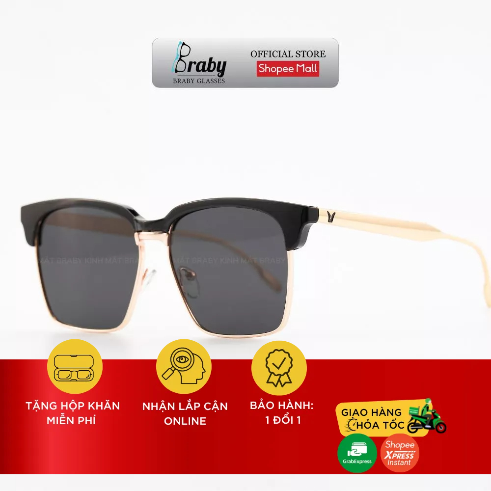 Kính râm mát mắt vuông nam nữ kiểu dáng thời trang chống tia UV Braby Glasses gọng kim loại nửa viền mạ si vàng KR17