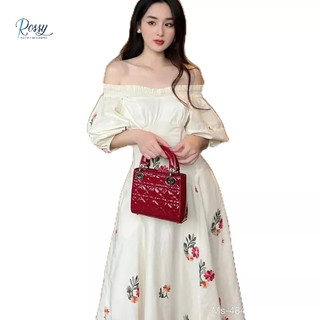 Đầm midi thêu hoa trễ vai vintage Rossy Fashion - SR235