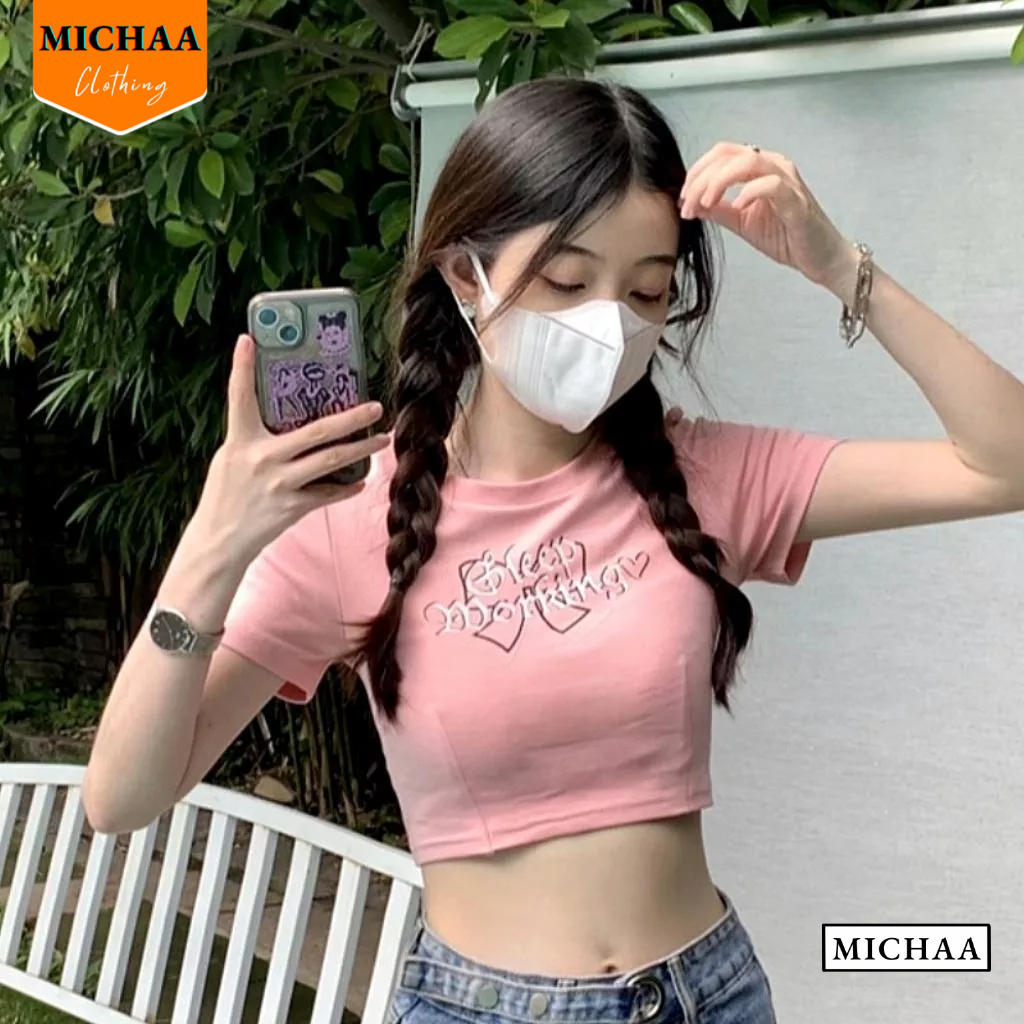 Áo Croptop Ôm Body IN CHỮ ĐAN DÂY SAU Cổ Tròn Tay Ngắn, Áo Thun Croptop Kiểu Đẹp - MICHAA CR110
