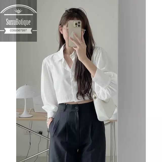 Sơ mi Crop Dài Tay Dáng Basic dễ mix đồ đẹp