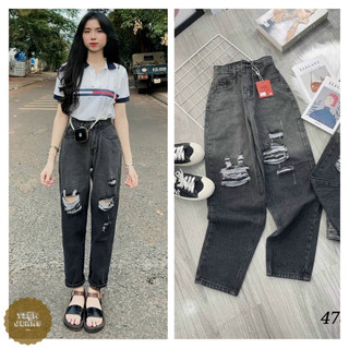 Quần baggy nữ cạp cao rách kiểu màu xám khói loang siêu hot