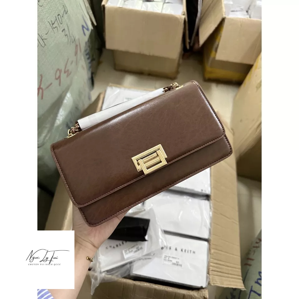 Túi Cnk nâu trơn khóa gập sz24 + túi vải hãng+ code