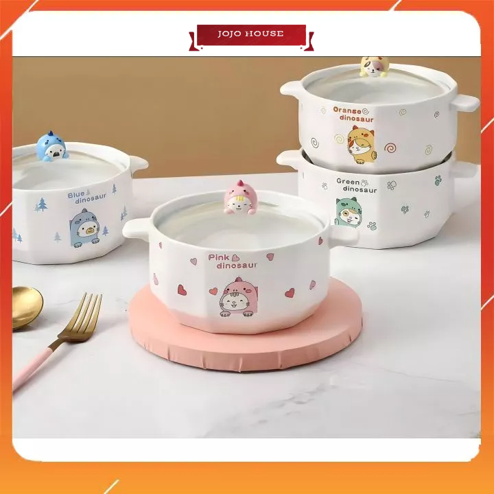 Nồi nấu mì, bát ăn mì hình khủng long dễ thương kèm nắp đậy tiện lợi.