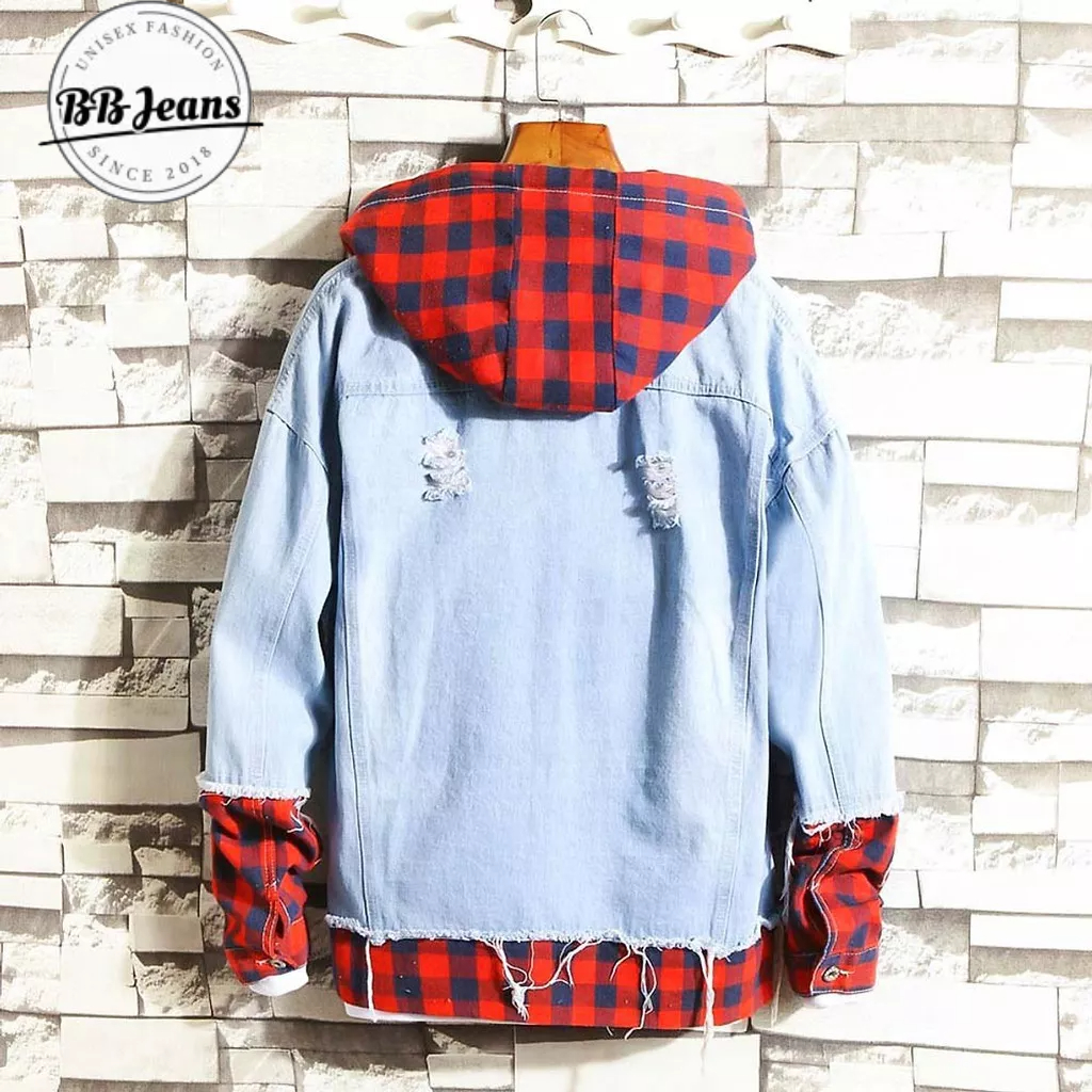 Áo khoác jean phối nón nỉ sơ mi đỏ - áo jean đen túi hộp nón nỉ xám FORM RỘNG size 40-75kg BB Jeans