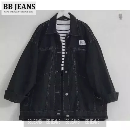 Áo Khoác jeans trơn v3 có 2 túi hộp form rộng nam nữ màu Xanh/ Đen unisex BB JEANS