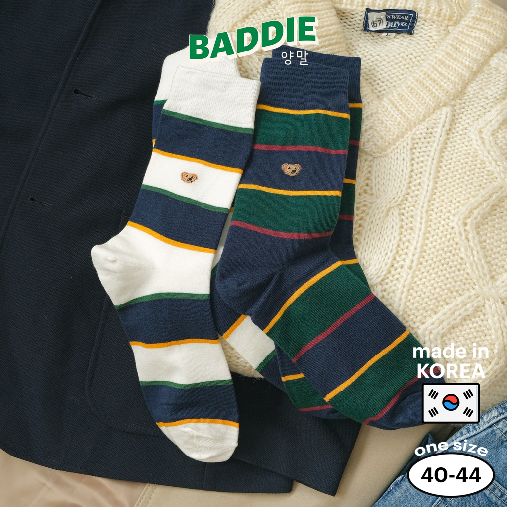 RUGBY STRIPE BEAR - Tất vớ cao cổ nam hình chú gấu, hoạ tiết kẻ ngang nhiều màu, nhập khẩu Hàn Quốc