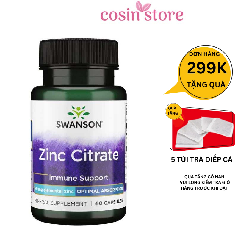 Viên Uống Bổ Sung Kẽm Swanson Zinc Citrate 50mg 60 viên hỗ trợ tăng đề kháng dạng viên nang Cosin Store