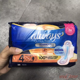 Băng ban đêm cánh ALWAYS Mỹ Ultra Thin Advanced Protection 38 Pads bvs đêm