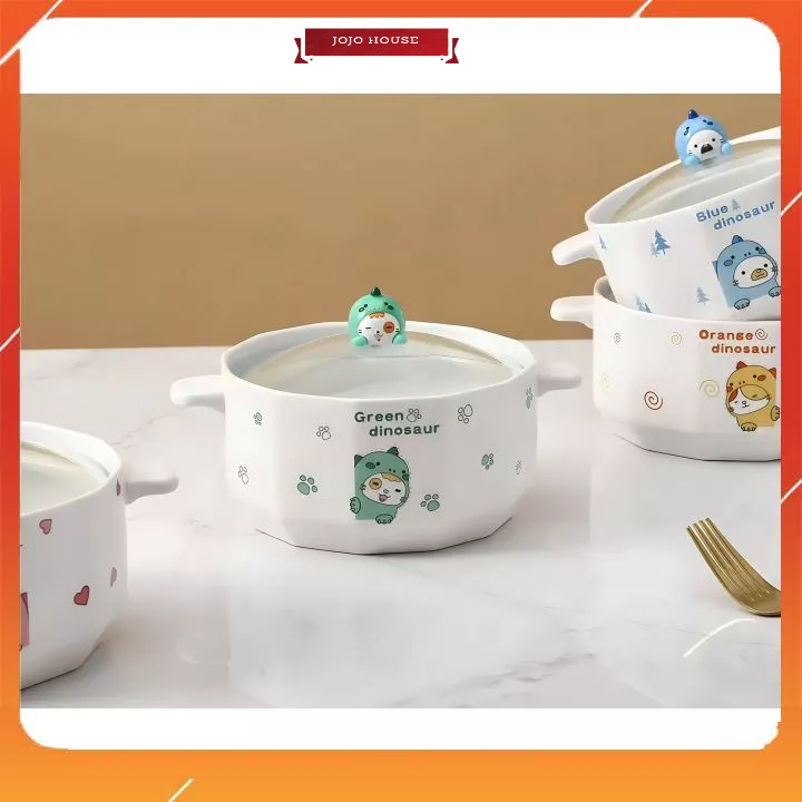 Nồi nấu mì, bát ăn mì hình khủng long dễ thương kèm nắp đậy tiện lợi.