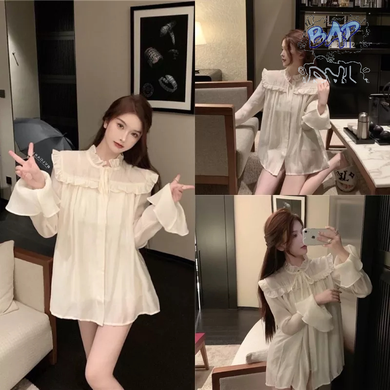 Áo sơ mi ống tay bèo dáng rộng cổ nơ, chất voan đẹp