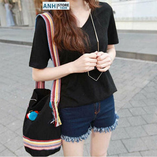 Áo thun xược cotton nữ cổ tim nữ 2025 ANHSTORE, áo thun cổ tim phom rộng Full size 40kg - 75kg