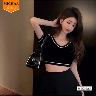 Áo croptop cổ tim phối viền ôm body đẹp, áo thun croptop trơn chất thun gân basic michaa cr103