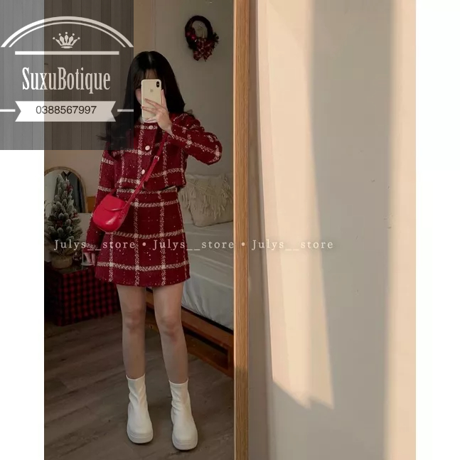 Set Dạ Tweet đỏ Siêu đẹp Dáng Mới 2023