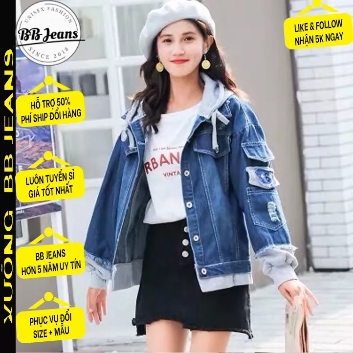 Áo khoác jean nữ FORM RỘNG có nón nỉ xám - áo jean ngôi sao tinh tú SI1156 BB Jeans