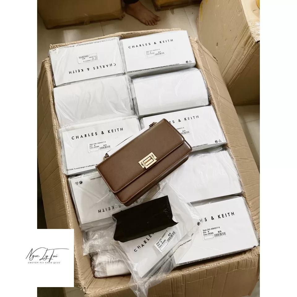 Túi Cnk nâu trơn khóa gập sz24 + túi vải hãng+ code