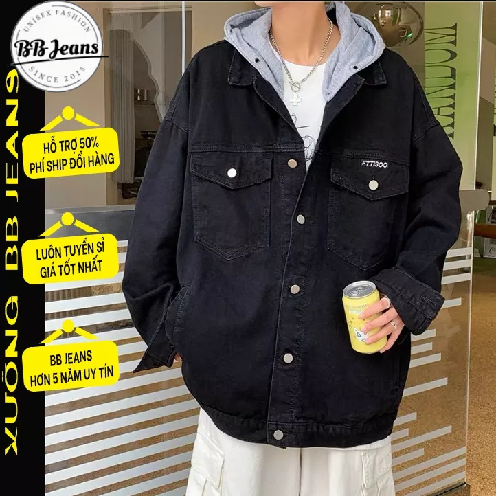 áo khoác jean nam màu đen mũ nỉ xám có túi trong - áo jean xanh mũ jean dây kéo in LM - áo tron mũ dây kéo