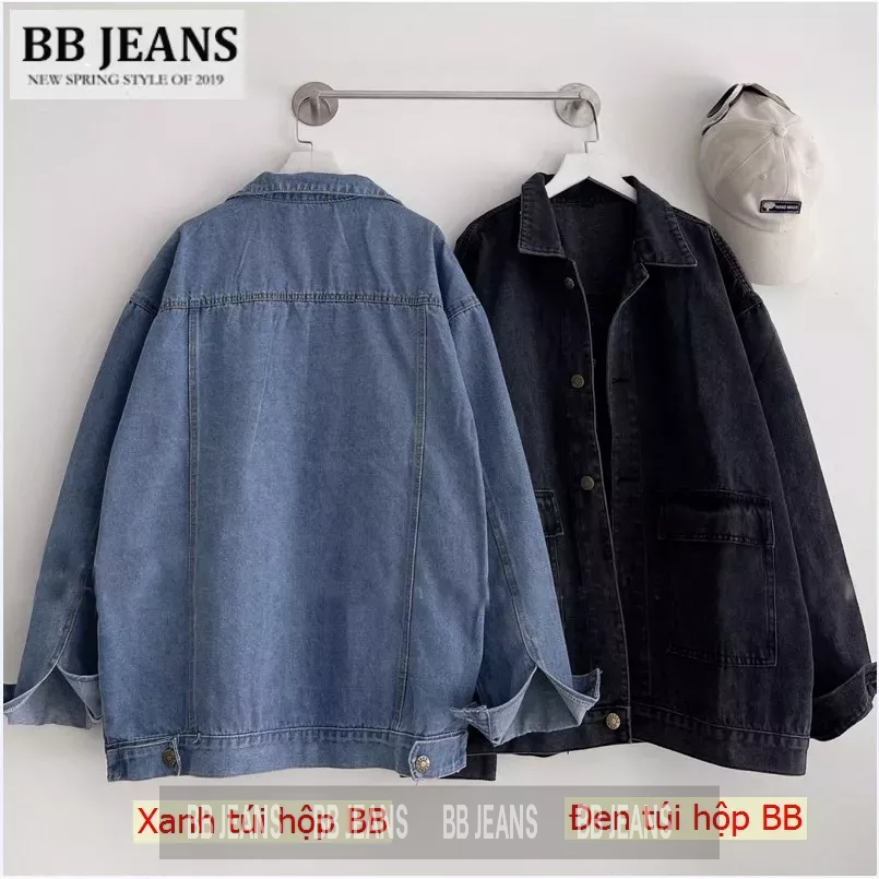 Áo Khoác jeans trơn v3 có 2 túi hộp form rộng nam nữ màu Xanh/ Đen unisex BB JEANS