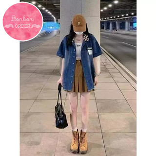 Áo khoác sơ mi jean ulzzang phối cổ caro -