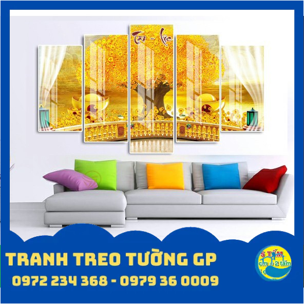 Tranh treo tường 5 tấm kim tiền - thần tài - 3D gỗ Hàn Quốc sang trọng, hiện đại KT03