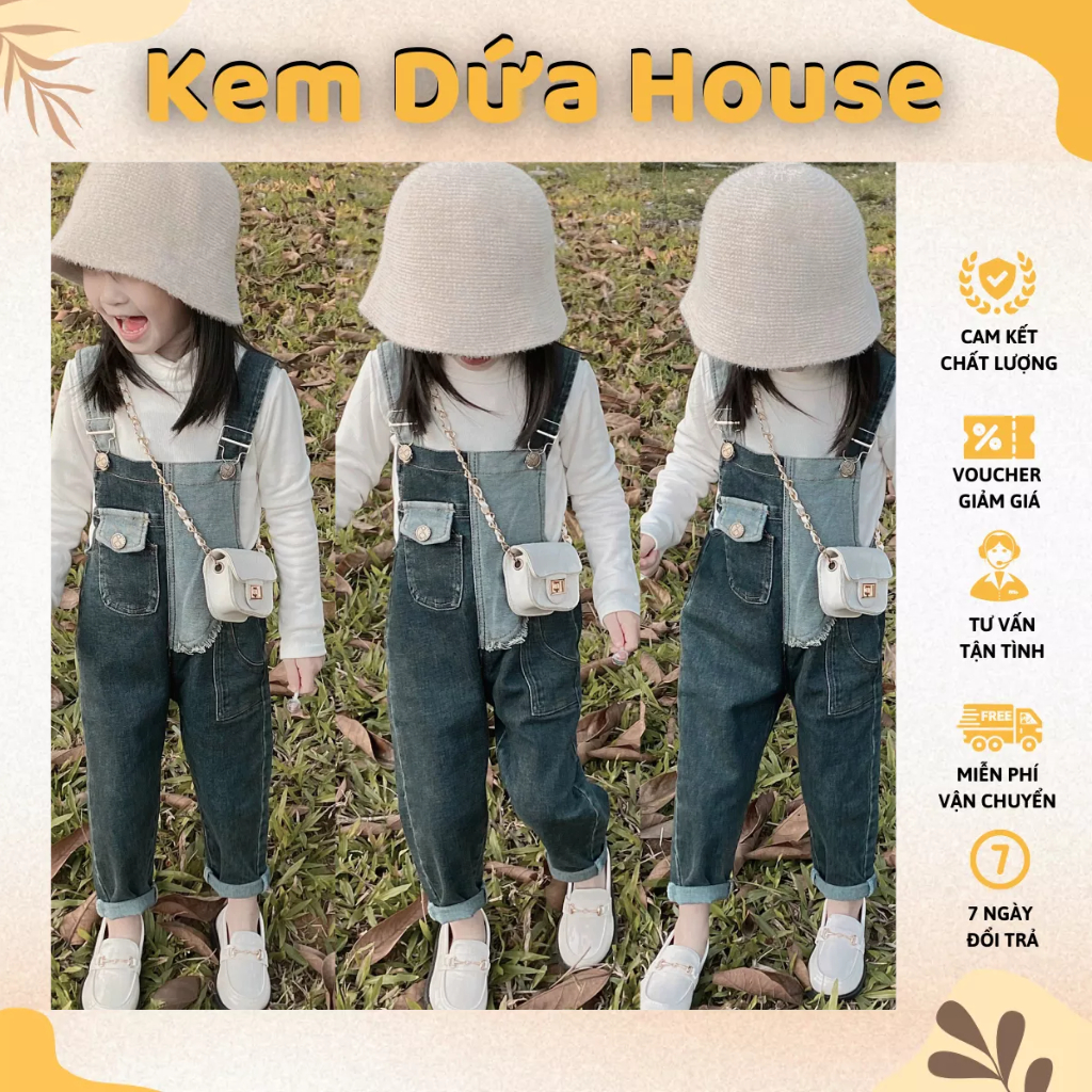 Set Yếm Jean Bé Gái Sành Điệu - Set Yếm Quần Bò Dài Phối Màu Cá Tính Kèm Áo Cho Bé