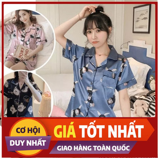Đồ bộ ngủ lụa nữ pijama tay ngắn quần ngắn mặc nhà chất liệu lụa satin cao cấp họa tiết dễ thương