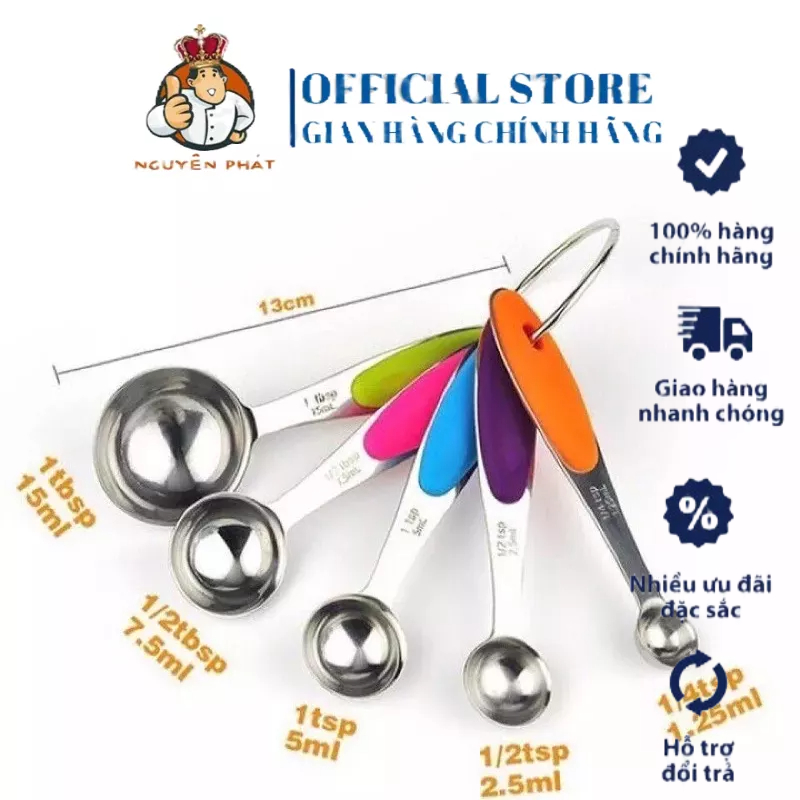 Bộ muỗng thìa đong nhà bếp set 5 cái, định lượng bột, sữa, gia vị bằng nhựa và inox an toàn - Dụng Cụ Pha Chế Đà Nẵng