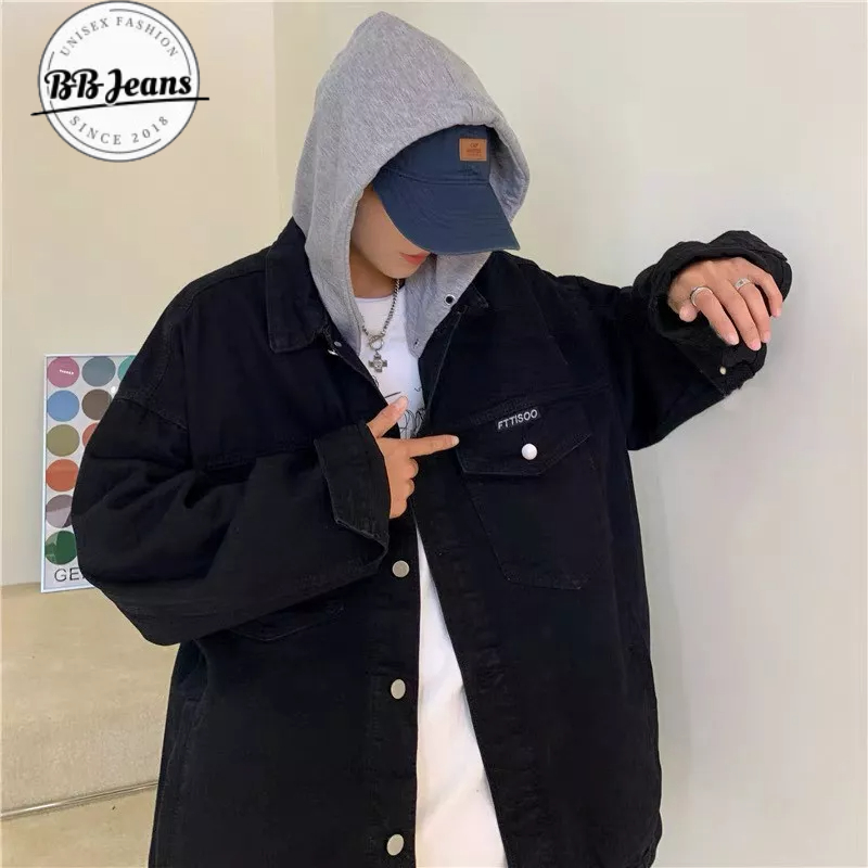 Áo khoác jean phối nón nỉ sơ mi đỏ - áo jean đen túi hộp nón nỉ xám FORM RỘNG size 40-75kg BB Jeans