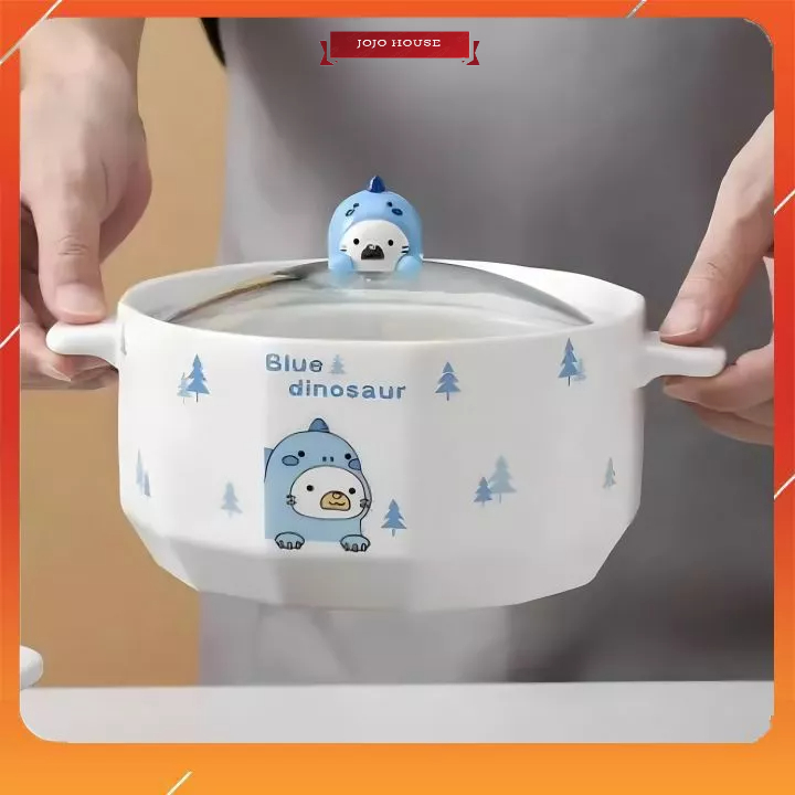 Nồi nấu mì, bát ăn mì hình khủng long dễ thương kèm nắp đậy tiện lợi.