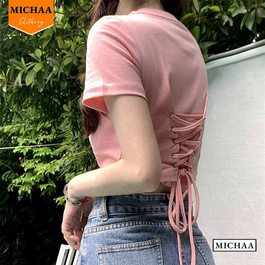 Áo Croptop Ôm Body IN CHỮ ĐAN DÂY SAU Cổ Tròn Tay Ngắn, Áo Thun Croptop Kiểu Đẹp - MICHAA CR110