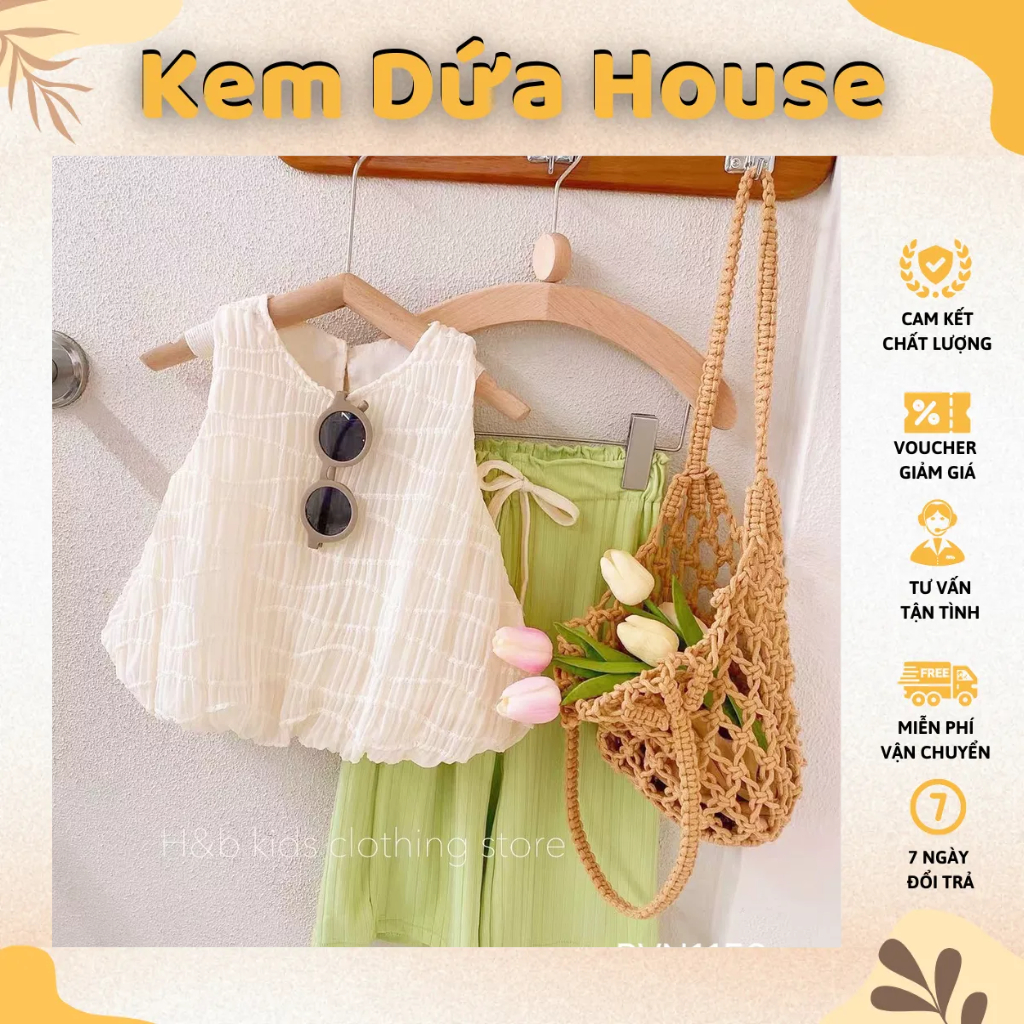 Set đồ áo ren xách nách + quần tăm ống rộng cho bé điệu đà sang chảnh chất vải mát (10 - 20kg)