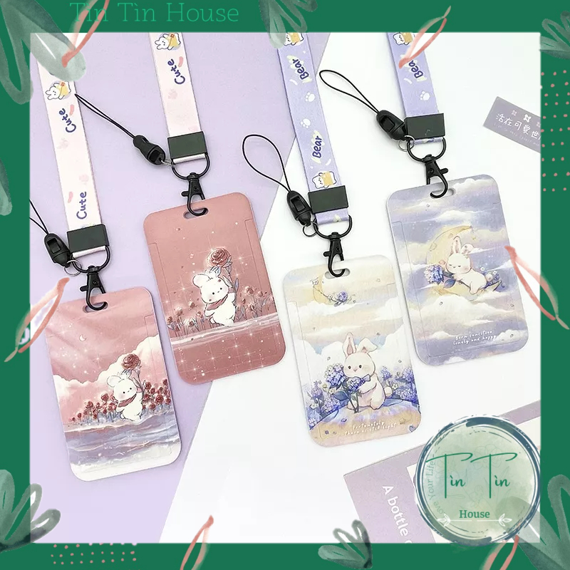 Dây đeo thẻ học sinh, sinh viên, nhân viên kèm bảng tên thiết kế dọc họa tiết RABBIT AND FLOWER
