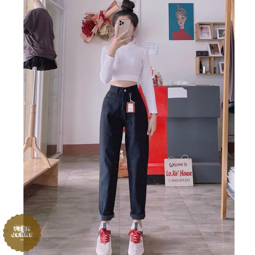 Quần baggy jean nữ cạp cao mẫu đen trơn basic- Quần bò nữ fom chuẩn chất dày dặn không xù