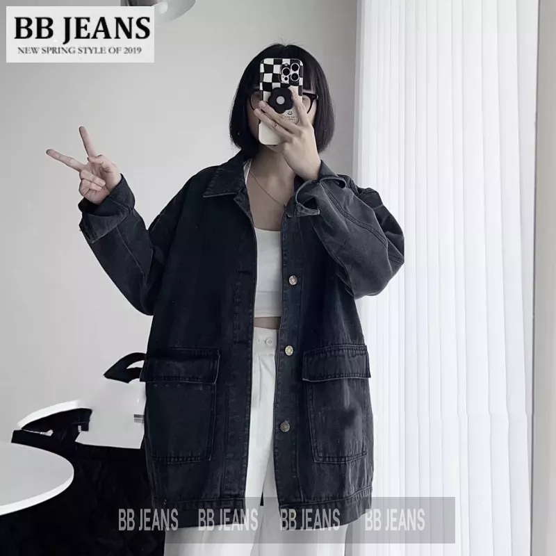Áo Khoác jeans trơn v3 có 2 túi hộp form rộng nam nữ màu Xanh/ Đen unisex BB JEANS